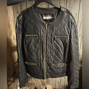 Calvin Klein Black Quilted Leather Jacket with Gold Accents
